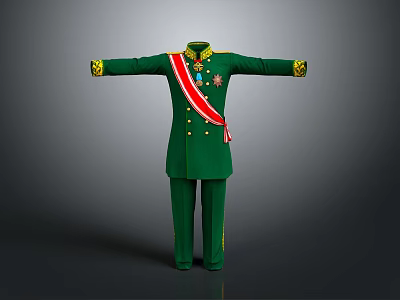 Game Movie Character Wearing Green Military Uniform With Red Sash Gold Badges And Arms Outstretched 3d model