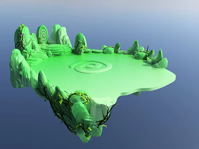Stone and Wood Floating Island with Green Terrain Spiral Design and Plants 3d model