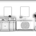 Modern Console Table And Side Cabinet With Wall Paintings Potted Plant And Decorations