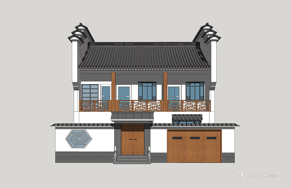 Chinese Style Two Story Detached Villa With Traditional Roof Balcony And Wooden Garage Door 3d model 