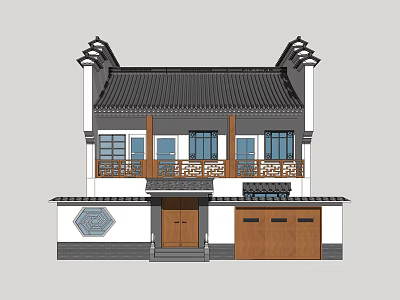 Chinese Style Two Story Detached Villa With Traditional Roof Balcony And Wooden Garage Door 3d model