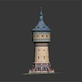 Detailed Architectural Tower Model With Blue Roof And Yellow Decorative Walls