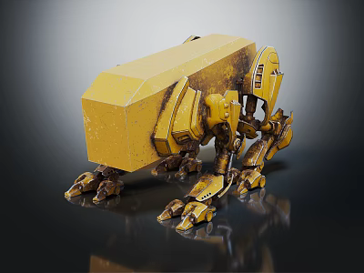 Yellow Four Legged Smart Machine With Mechanical Legs Rusty Surface And Industrial Design 3d model
