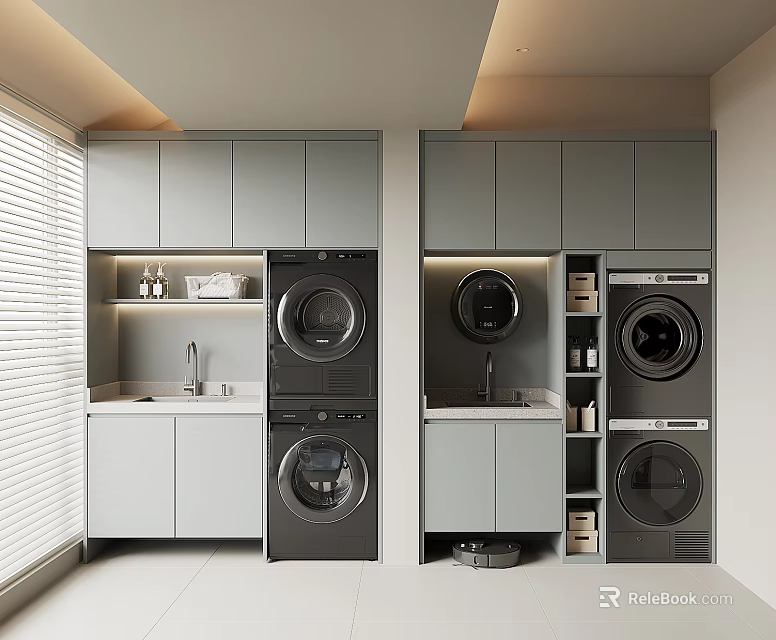 Modern Gray Balcony Cabinets With Stacked Washer Dryer Countertop Faucet And Storage Space 3d model 