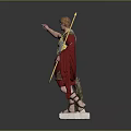 Roman Warrior Statue With Gold Silver Armor Spear And Red Cloak On White Pedestal