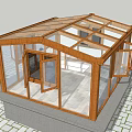 Wooden Frame Sunroom With Glass Walls Gray Base And Potted Plant