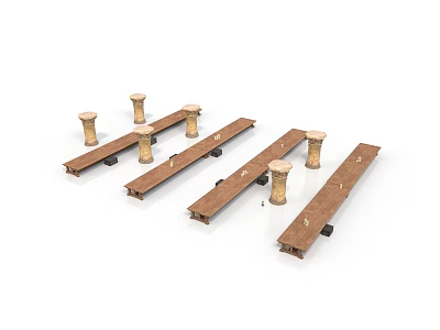Wooden Scene Construction Components Featuring Long Planks And Cylindrical Bases 3d model