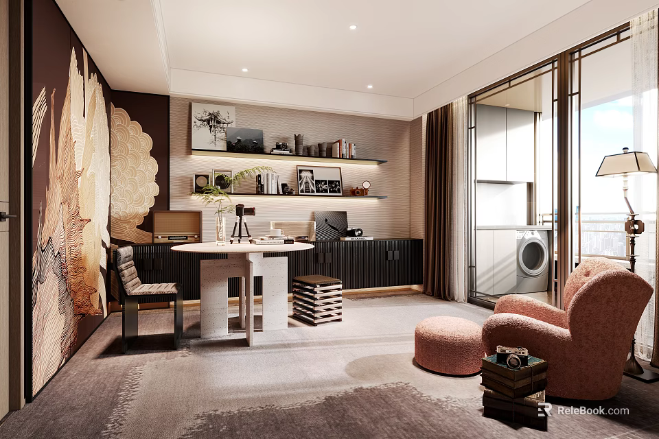 Modern Study Room Interior With Writing Desk Bookshelves Wall Art And Armchair 3d model 
