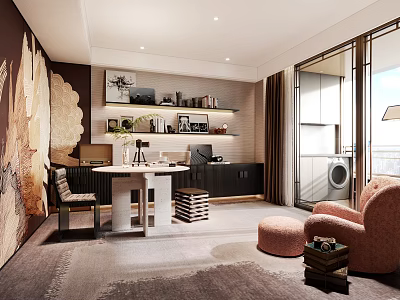 Modern Study Room Interior With Writing Desk Bookshelves Wall Art And Armchair 3d model