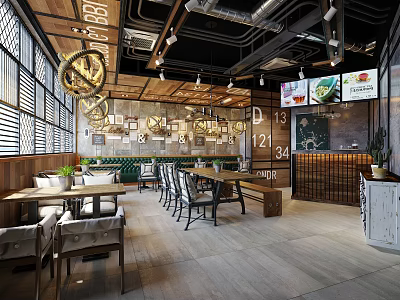 Modern Restaurant Interior With Wooden Ceiling Pendant Lights Dining Tables Large Windows And Wall Art 3d model