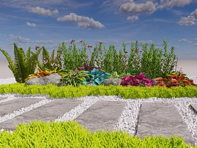 Ground Cover With Green Plants Colorful Flowers Gray Stones Stone Path White Gravel Blue Sky And White Clouds 3d model