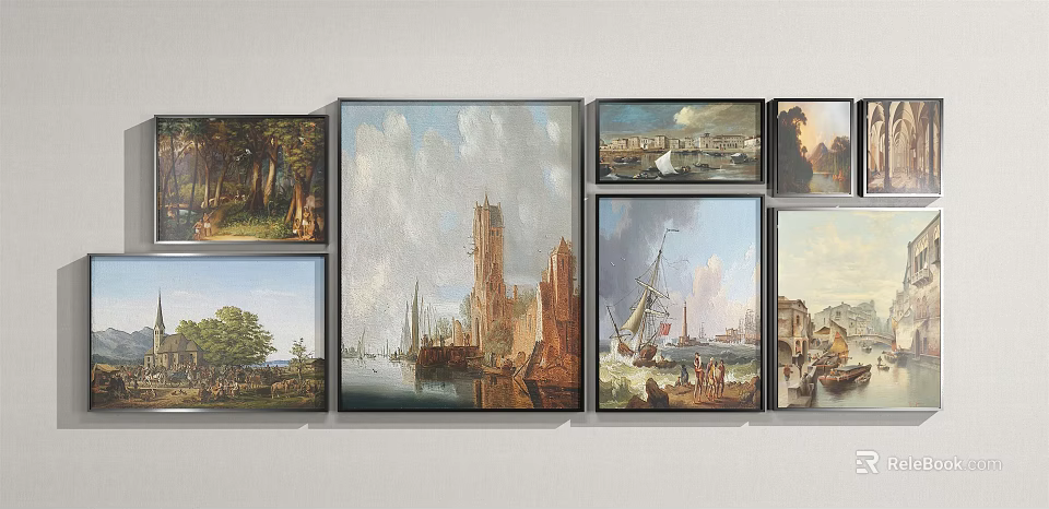 Vintage Landscape Paintings Featuring Forest Castle Seascape And Rural Scenes 3d model 