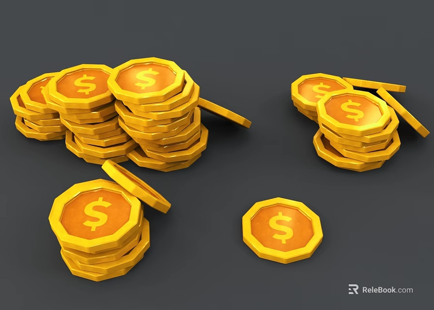 Stacked and Scattered Gold Coins With Dollar Signs on Dark Background 3d model 
