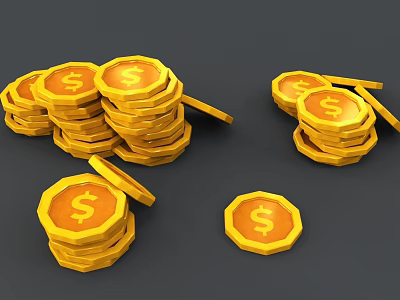 Stacked and Scattered Gold Coins With Dollar Signs on Dark Background 3d model