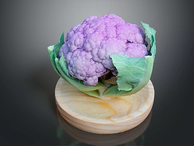 Fresh Purple Cauliflower with Green Leaves Displayed on Wooden Round Board 3d model