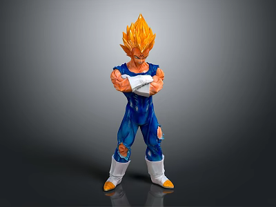 Game Anime Character Golden Spiky Hair Blue Battle Suit Muscular Build Standing With Arms Crossed 3d model
