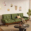 Green Velvet Three Seater Sofa With Wooden Legs Cushion Throw Blanket And Wall Art