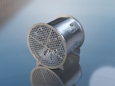 Silver Cylindrical Ventilation Device With Mesh Panel And Metal Bracket On Smooth Surface 3d model