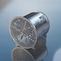 Silver Cylindrical Ventilation Device With Mesh Panel And Metal Bracket On Smooth Surface 3d model