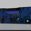 Futuristic Playground Interior With Blue Black Glowing Lines Blue Chairs And Control Consoles
