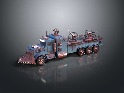 Blue Custom Truck With Mechanical Parts Front Plow And Multiple Wheels 3d model