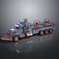 Blue Custom Truck With Mechanical Parts Front Plow And Multiple Wheels