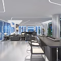 Modern Tech Inspired Office With Blue Geometric Patterns Sofas Tables Chairs Greenery And Bar Counter 3d model