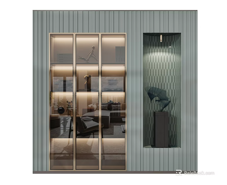 Modern Entryway Cabinet Side Cabinet With Glass Doors Lighting Strips Decorative Items And Gray Wall 3d model 