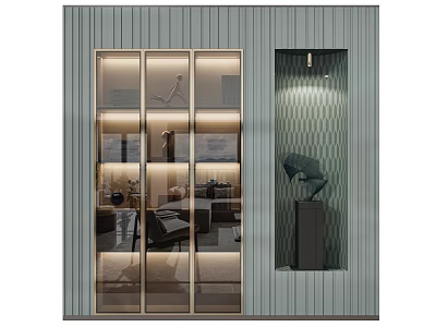 Modern Entryway Cabinet Side Cabinet With Glass Doors Lighting Strips Decorative Items And Gray Wall 3d model