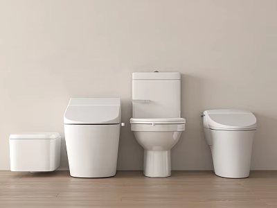 Modern White Toilets In Various Styles Arranged Against Light Wall On Wooden Floor 3d model