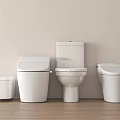 Modern White Toilets In Various Styles Arranged Against Light Wall On Wooden Floor