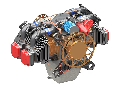Detailed 3D Model of Engine With Red Cylinders Blue Components and Golden Gear 3d model