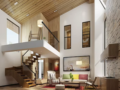 Duplex Living Room Interior With Wooden Ceiling Double Height Space Staircase Sofa And Decorative Painting 3d model