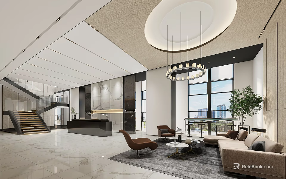 Modern Reception Desk in Elegant Lobby with Sofa Armchairs Chandelier and Large Windows 3d model 