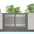 Modern Entrance Gate With Slatted Metal Design Beige Walls Green Trees Blue Sky