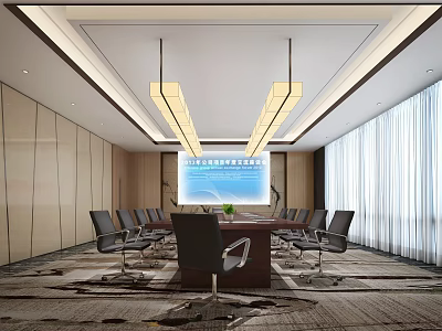 Modern Conference Room Interior With Large Table Chairs Projection Screen And Pendant Lights 3d model