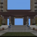 Chinese-style Residential Entrance Gate with High-rise Buildings Ornate Columns Front Steps Paved Ground and Lawn