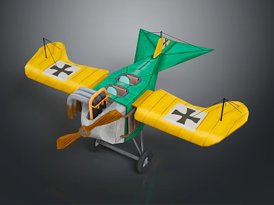Toy Biplane Model With Yellow Green Wings Black Cross Propeller And Wheels 3d model
