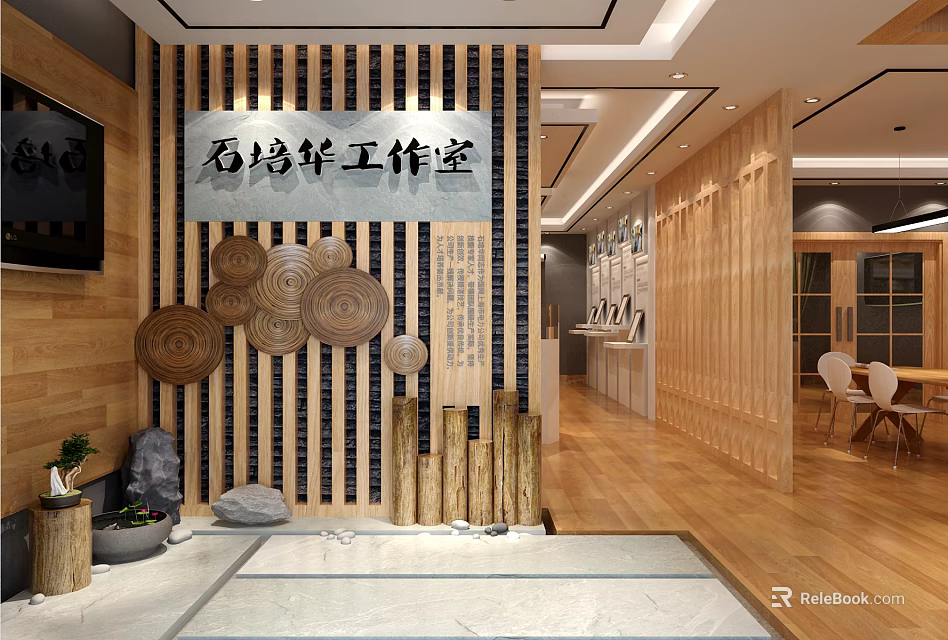 Chinese Style Public Office Space Interior Design With Open Layout Wooden Decor And Circular Ornaments 3d model 