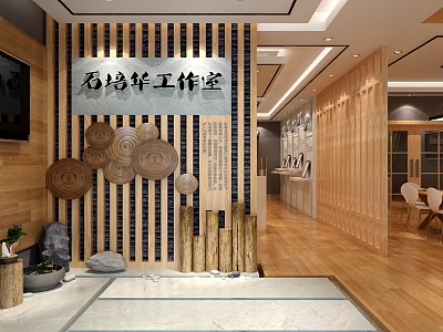 Chinese Style Public Office Space Interior Design With Open Layout Wooden Decor And Circular Ornaments 3d model
