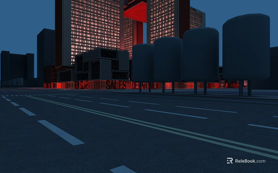Dark Blue Night Sky Over Urban Street With Tall Buildings Red Decorations And Cylindrical Structures 3d model 