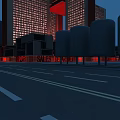 Dark Blue Night Sky Over Urban Street With Tall Buildings Red Decorations And Cylindrical Structures