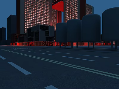 Dark Blue Night Sky Over Urban Street With Tall Buildings Red Decorations And Cylindrical Structures 3d model
