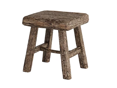 Natural Rustic Wooden Stool With Textured Surface And Crossbar Leg Support 3d model