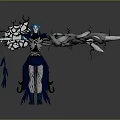 Dark Fantasy Character With Blue Hair Skeleton Face Black Outfit And Large Mechanical Structure
