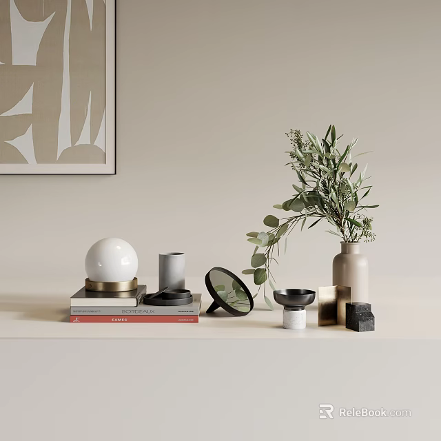 Stylish Modern Decorative Ornament Combination With Sphere Vase Mirror Books And Green Plant 3d model 