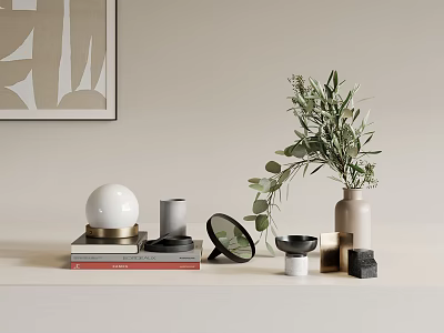 Stylish Modern Decorative Ornament Combination With Sphere Vase Mirror Books And Green Plant 3d model