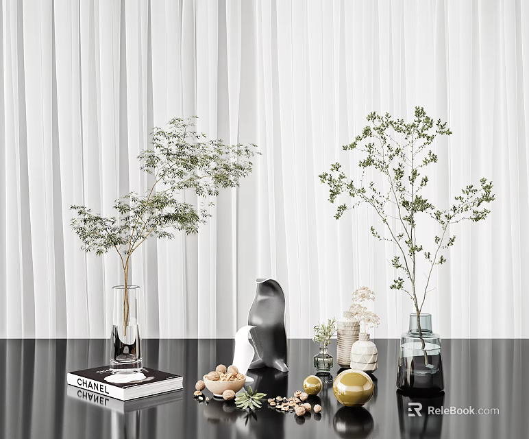 Elegant Decorative Ornament Set with Green Foliage Clear Vases Black Sculpture and Small Decor Accents 3d model 