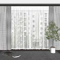 Gray Plaid Curtains And White Sheer Drapes With Indoor Plant By Window Showing Buildings Outside