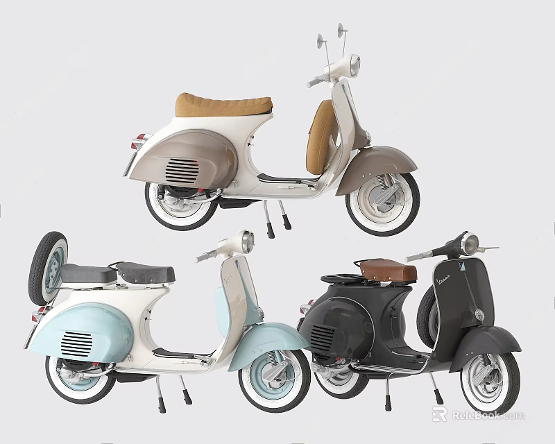 Vintage Scooters Collection Featuring Beige Light Blue And Black Retro Designs With Brown Seats 3d model 